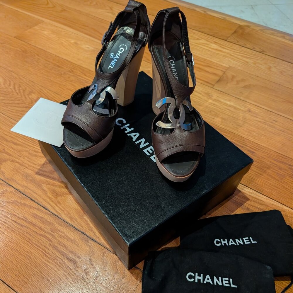 Chanel Dark Brown Platform Sandals US 7 | Authentic Designer Shoes | CC Logo